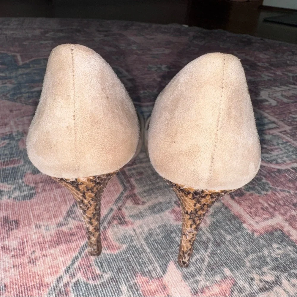 Taupe Tory Burch Mabel Suede Pumps with Snakeskin‎ Heel